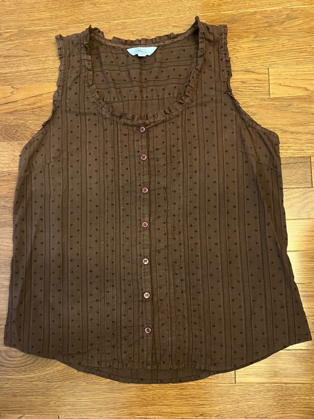 Jessica Brown Swiss Dot Ruffle-Trim Sleeveless Button Front Top